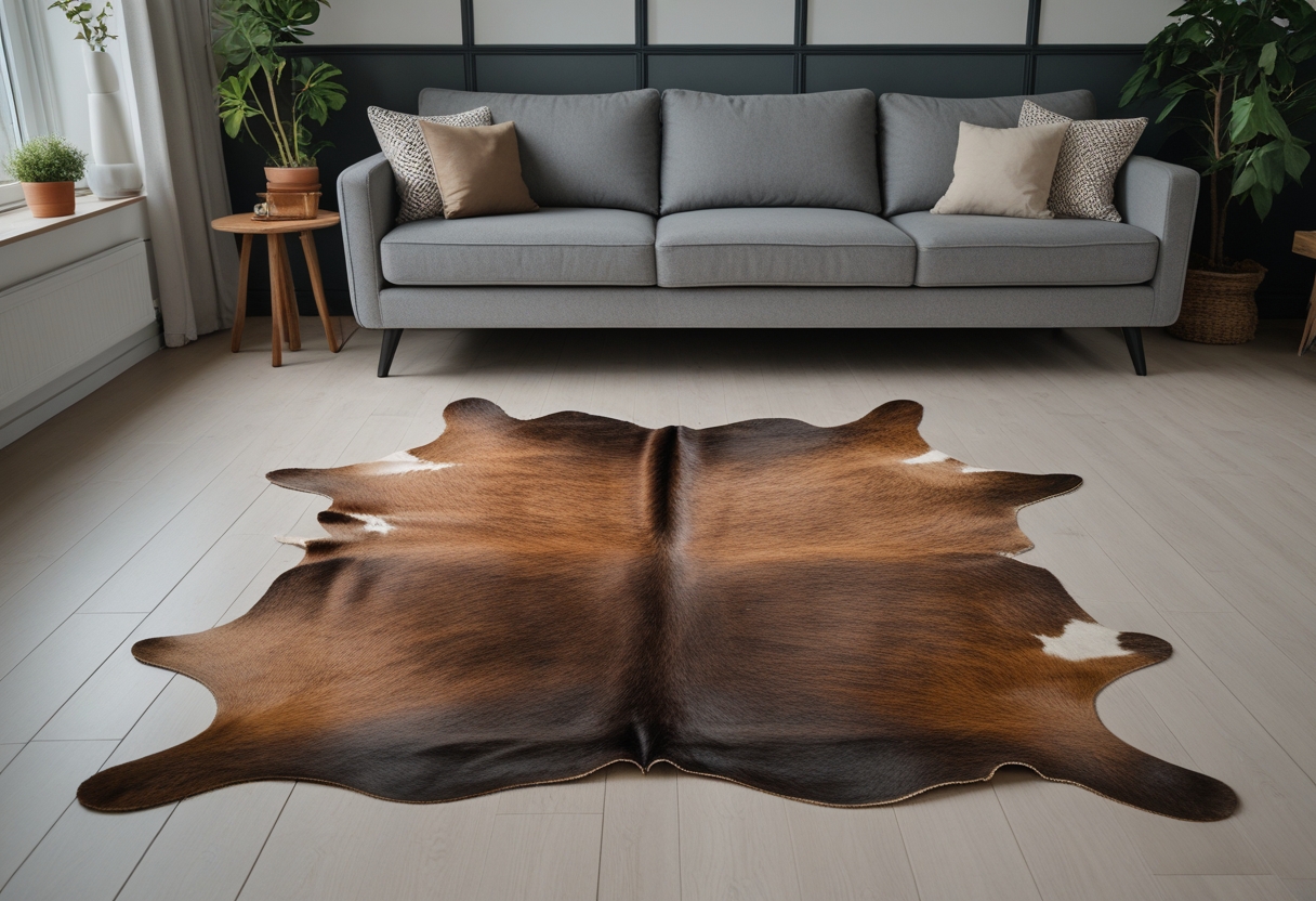 Living room with a grey couch and a brown cowhide rug on a light hardwood floor.