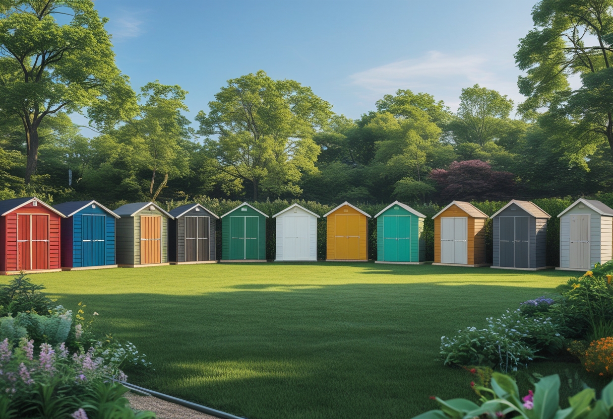 Ten garden sheds painted in different colors arranged outdoors on grass with trees and plants in the background.