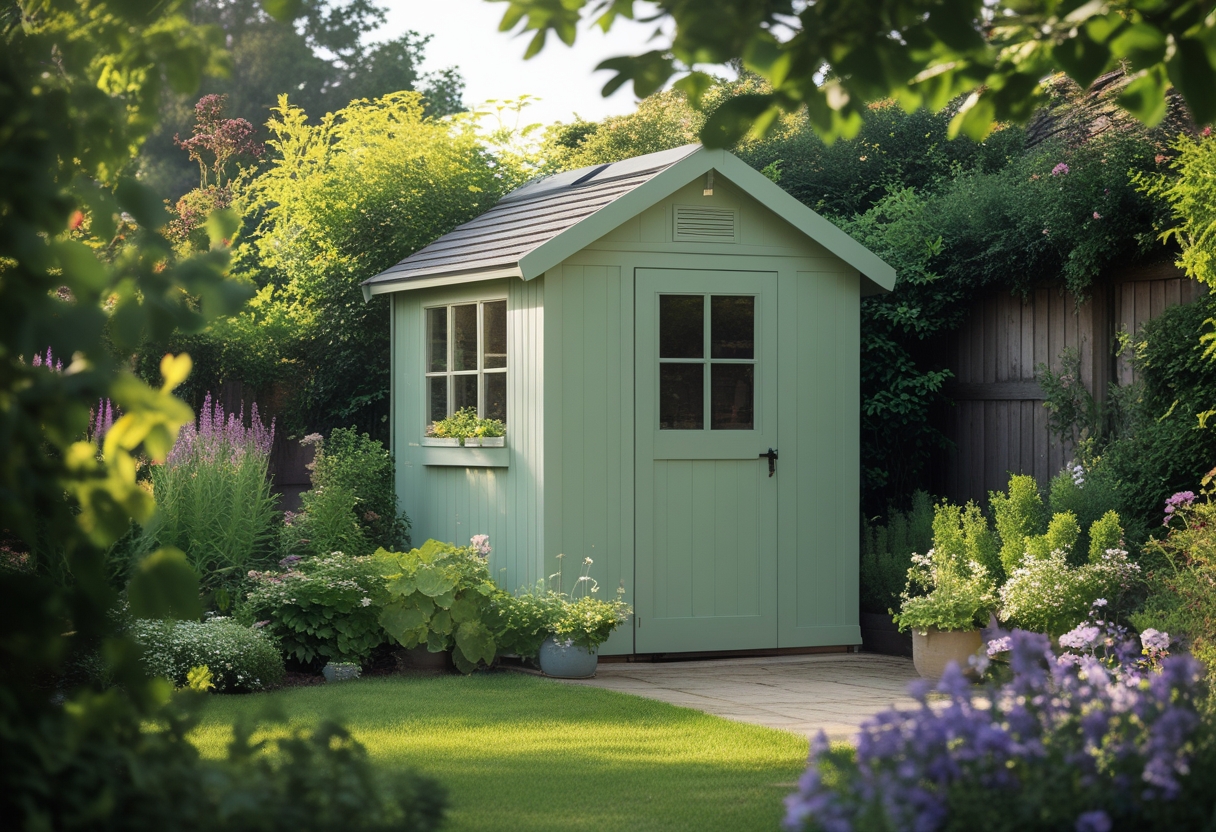A garden shed painted in soft sage green surrounded by flowering plants and greenery in a backyard garden.