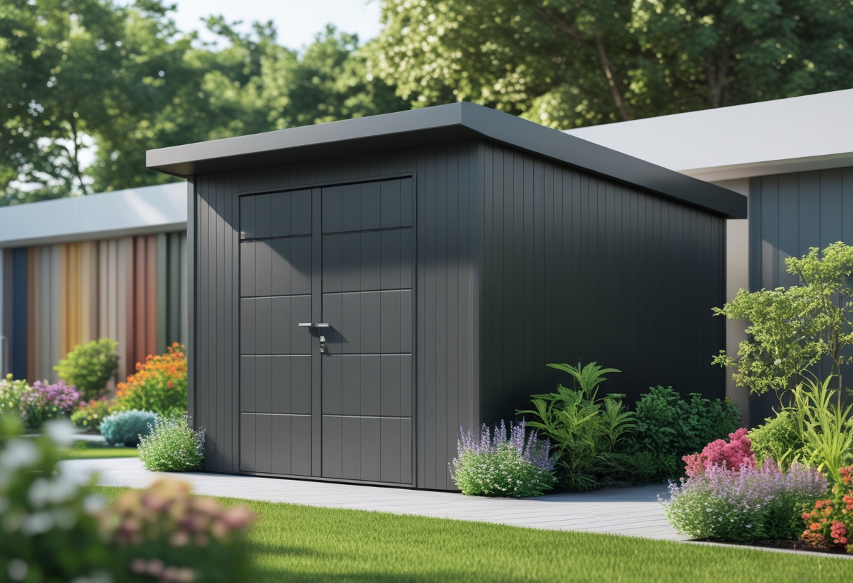 A charcoal grey garden shed surrounded by green plants and colorful flowers in a garden.