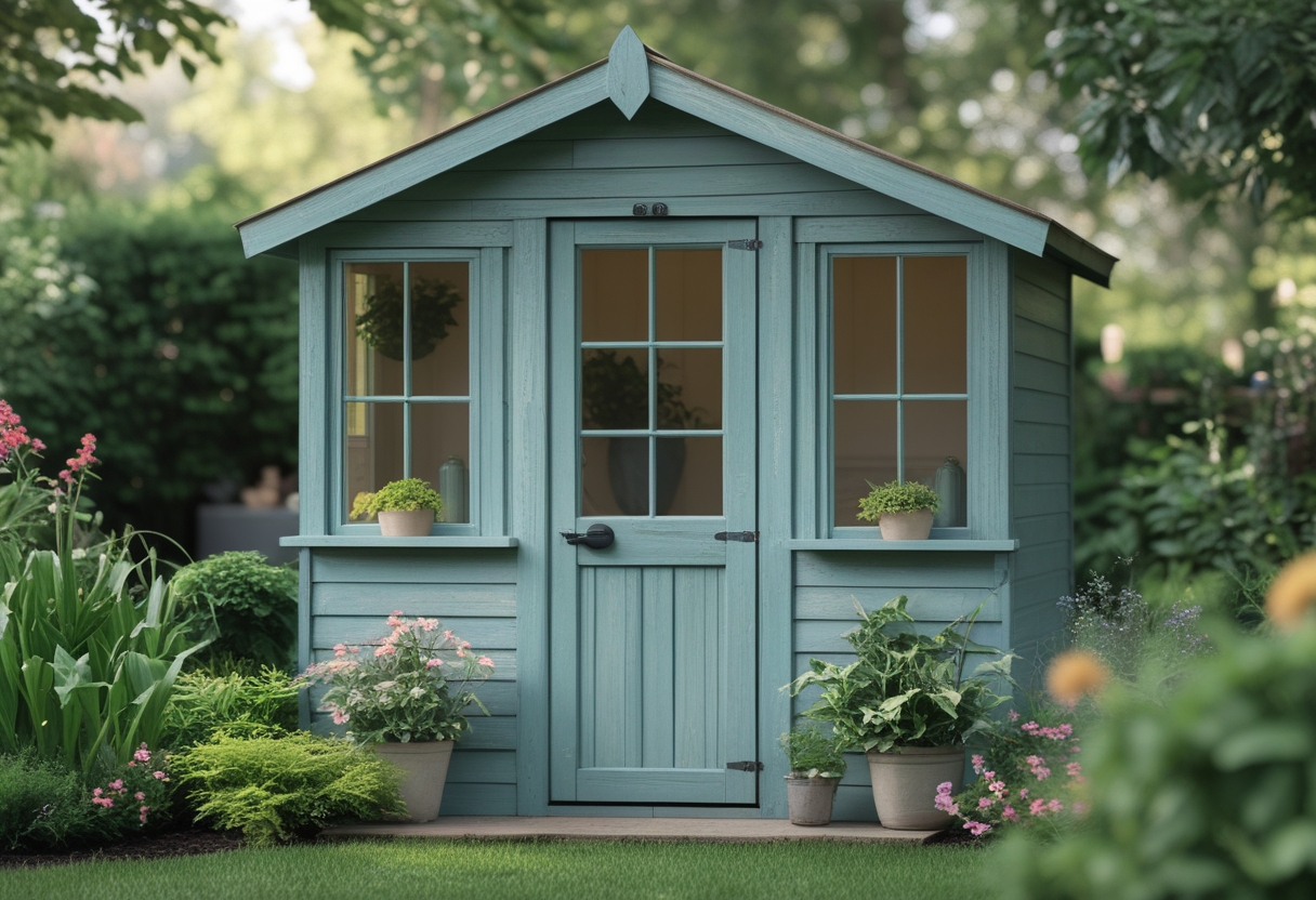 A garden shed painted in duck egg blue surrounded by green plants and flowers in a garden.