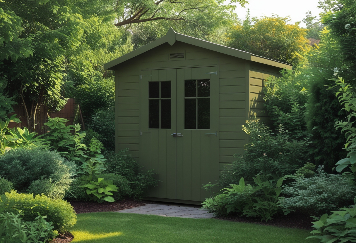 A garden shed painted olive green surrounded by dense green plants and trees in a garden.