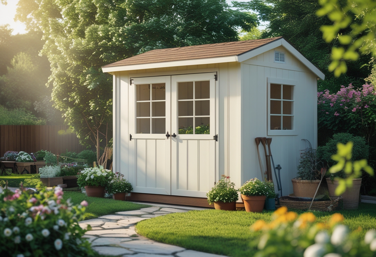 A garden shed painted creamy off-white surrounded by green plants and flowers in a sunny garden.