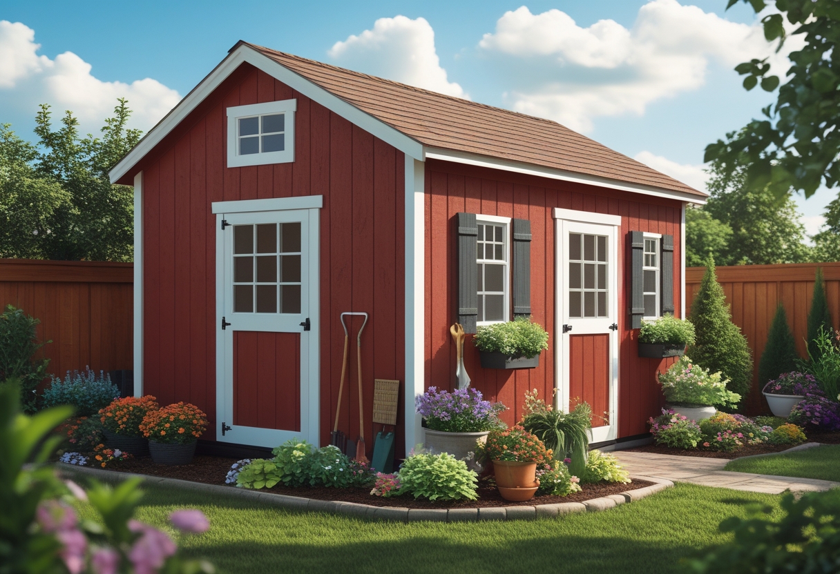 A red garden shed surrounded by green plants and flowers under a blue sky.