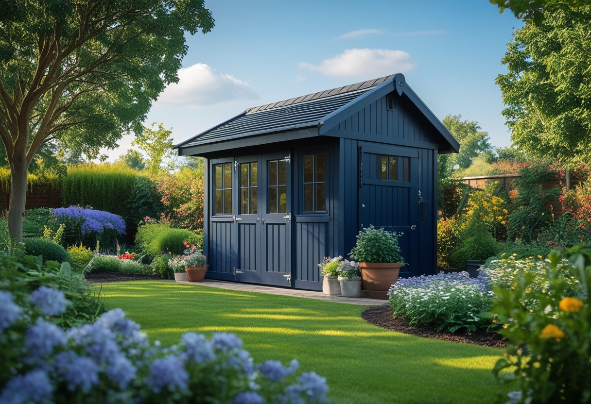 A navy blue garden shed surrounded by green plants and colorful flowers in a sunny garden.