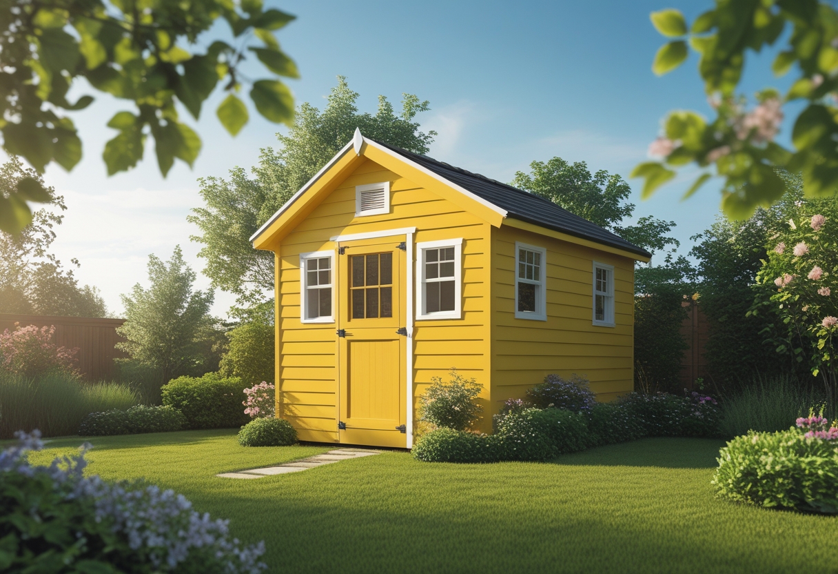 A garden shed painted mustard yellow surrounded by green grass and blooming flowers under a clear blue sky.