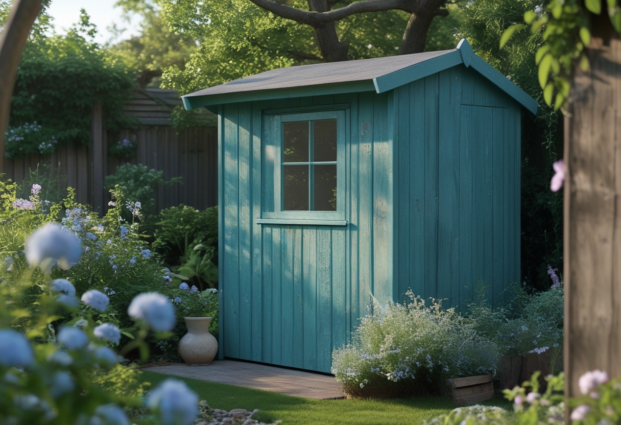 A garden shed painted in weathered teal surrounded by green plants and flowers in a garden.
