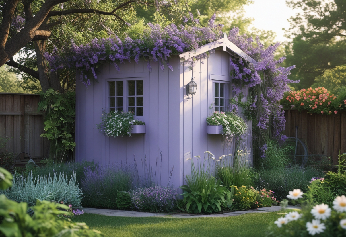 A soft lavender garden shed surrounded by blooming flowers and greenery in a cottage garden.