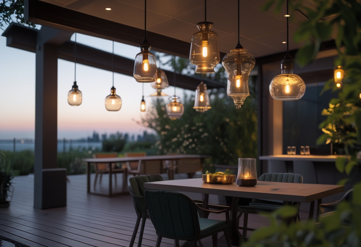 Outdoor patio with multiple pendant lights hanging above a dining table surrounded by plants during early evening.