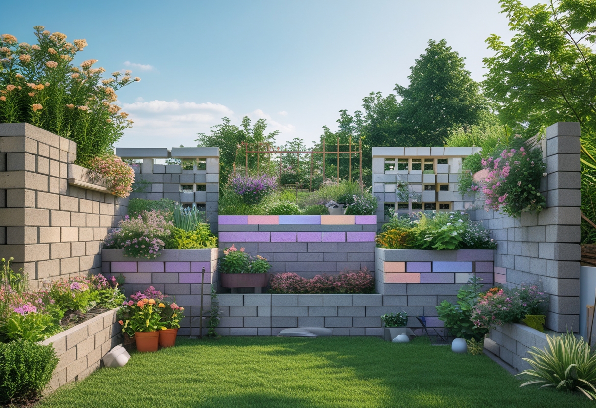 Five different cinder block garden walls in an outdoor garden with plants and flowers around them.