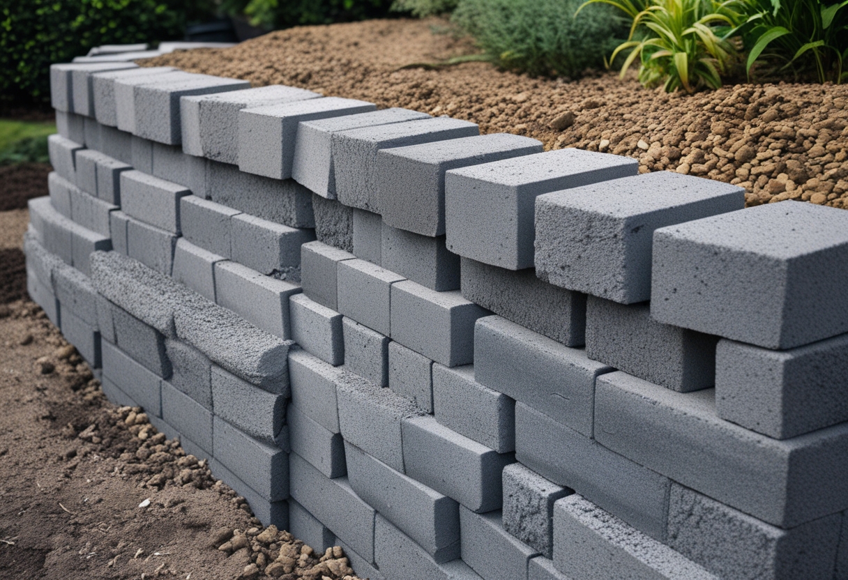 A garden with a staggered stacked cinder block retaining wall and gravel backfill behind it.