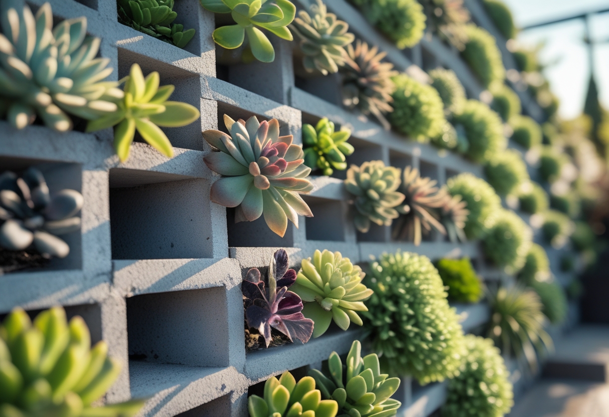 Vertical garden wall made of hollow cinder blocks filled with various succulents.