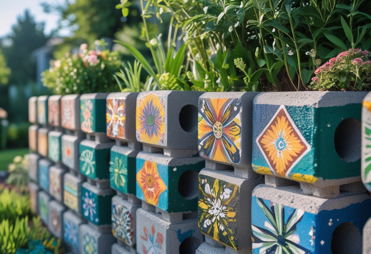 A colorful painted cinder block wall bordering a garden with green plants and flowers under a clear sky.