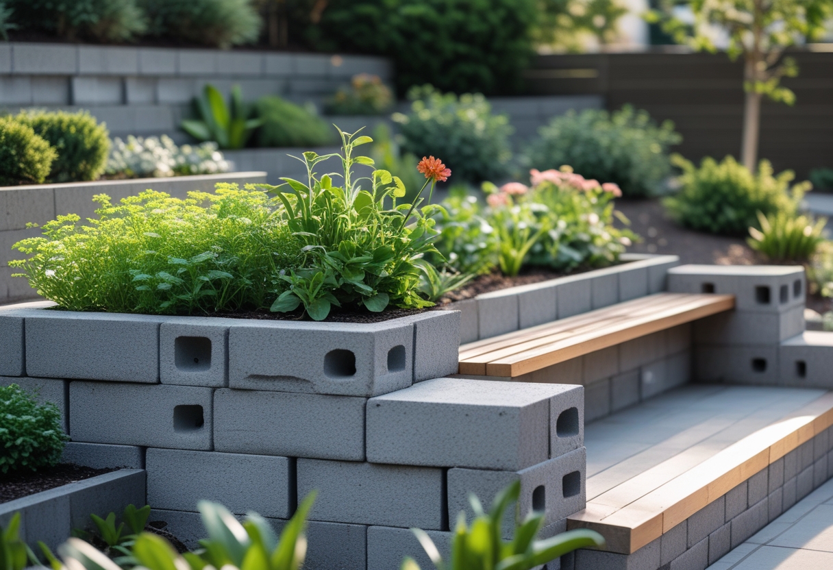 Outdoor garden with a cinder block raised bed wall and an integrated bench seating surrounded by plants and greenery.