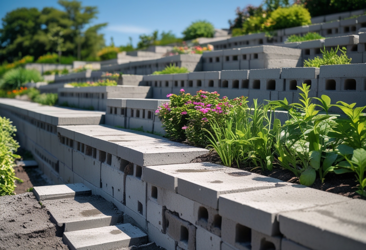 Terraced garden slope with cinder block retaining walls featuring built-in drainage holes and planted greenery.