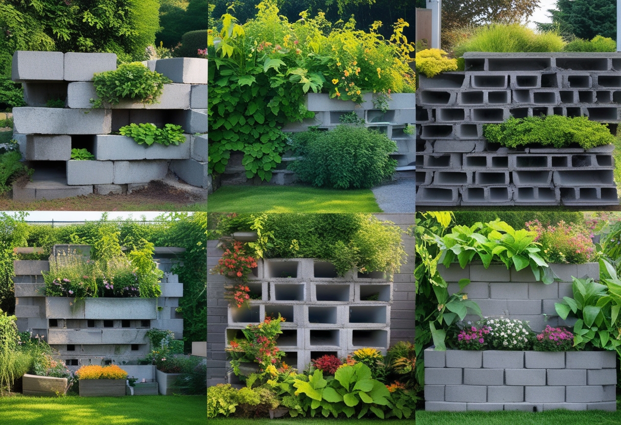 Five different garden walls made of cinder blocks with various green plants growing around and through them in an outdoor garden.