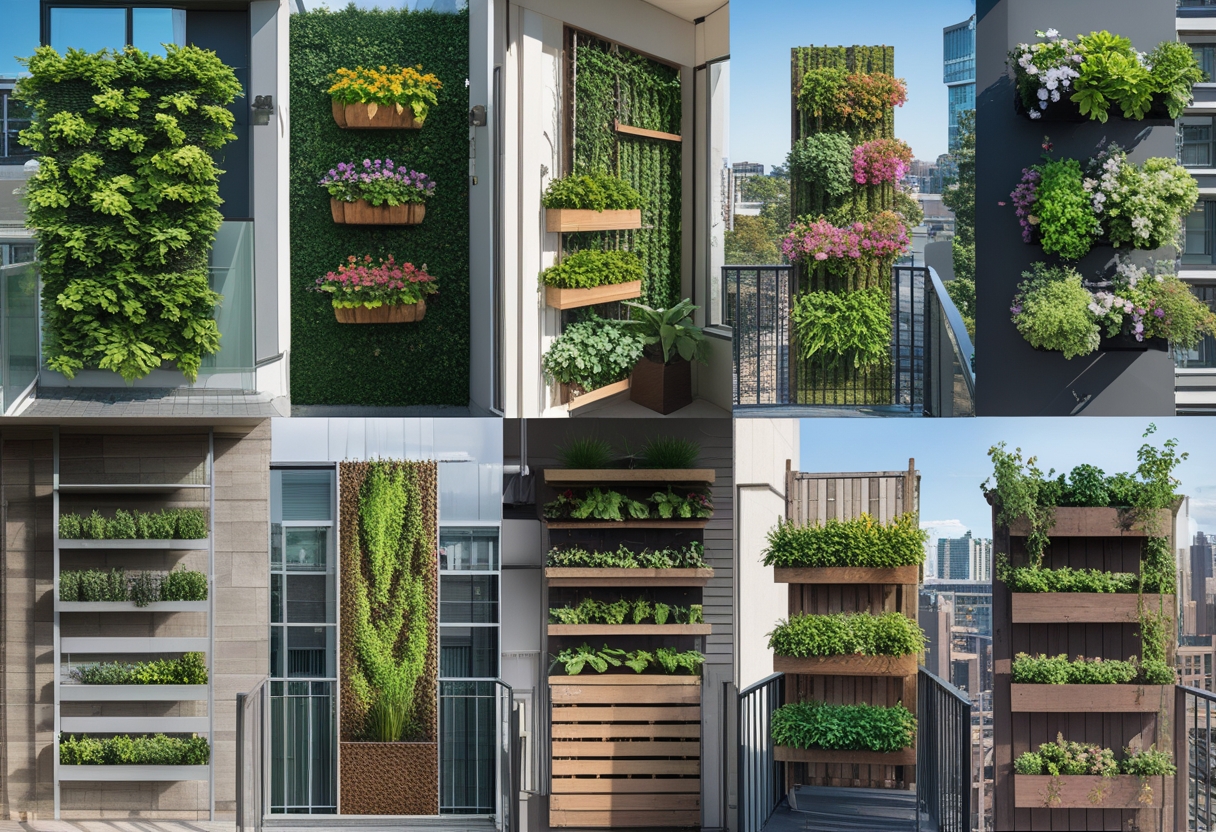 Nine balconies each featuring a different vertical garden with various plants and flowers arranged in unique ways.