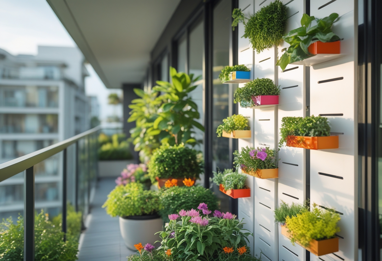 A balcony with a vertical planter wall system holding multiple green plants and colorful flowers in interchangeable pots.