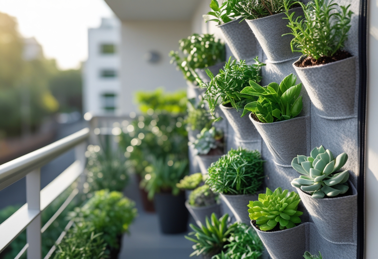 A balcony with a hanging felt planter wall containing various herbs and succulents in multiple pockets.