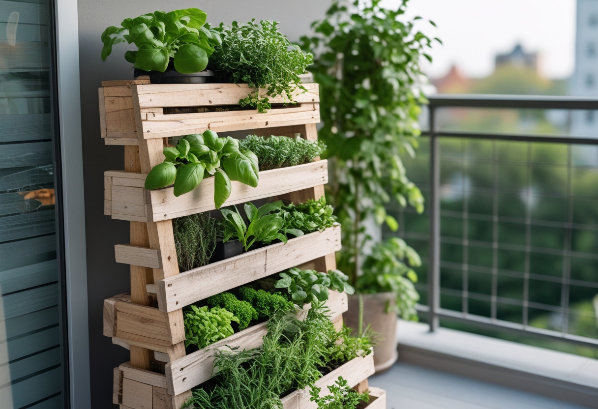 A tiered wooden pallet planter used as a vertical herb rack on a balcony with various green herbs growing.