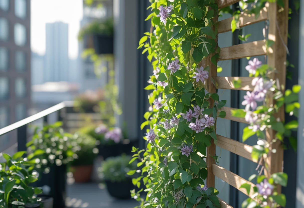A balcony with a wooden trellis covered in climbing jasmine or clematis plants, providing privacy and filled with green leaves and flowers.