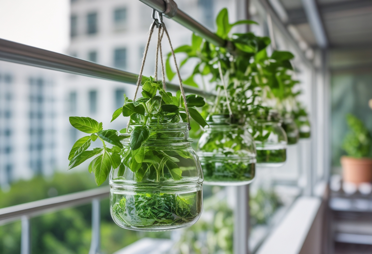 A balcony with a hanging rail holding mason jars filled with green herb plants arranged vertically.