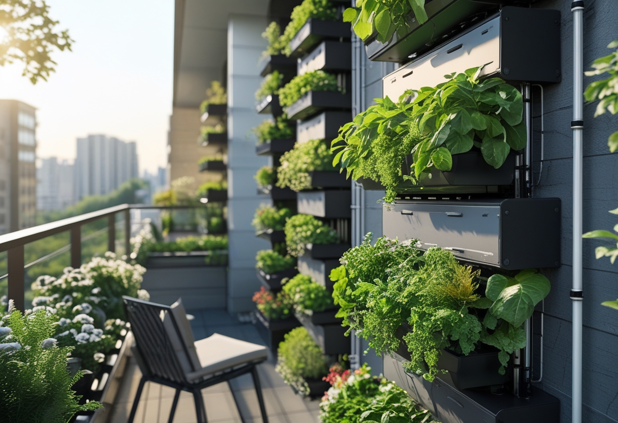 A balcony with vertical living wall panels filled with green plants and built-in irrigation systems.