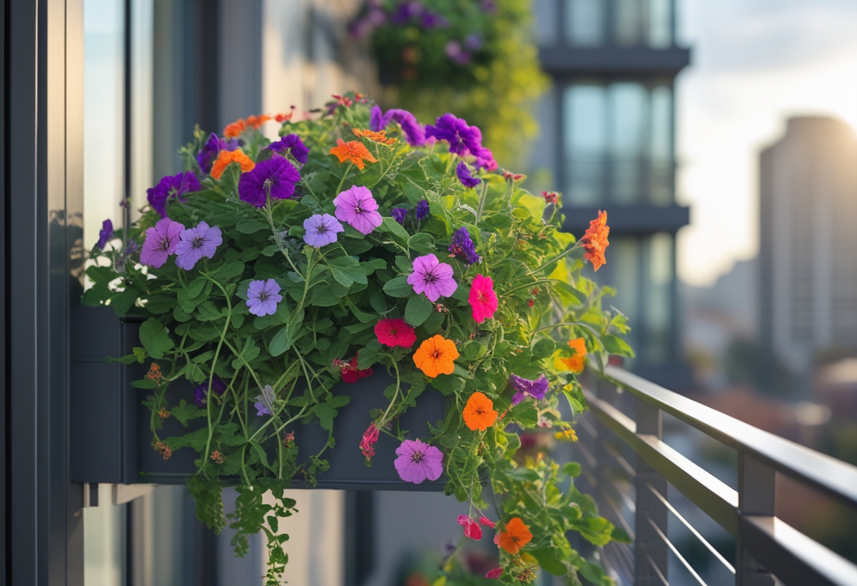 A balcony with a rail-mounted planter box filled with cascading petunias and nasturtiums.
