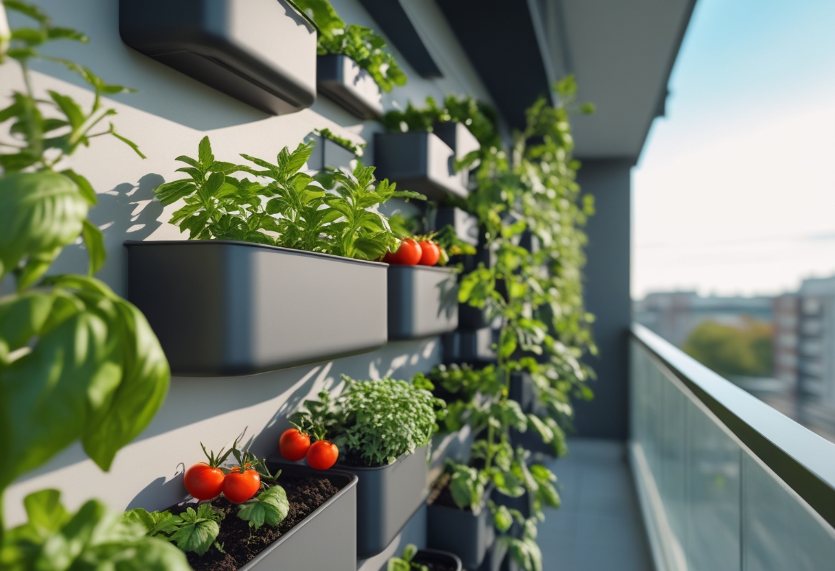 Balcony with wall-mounted metal shelves holding small potted vegetable plants in a vertical garden setup.
