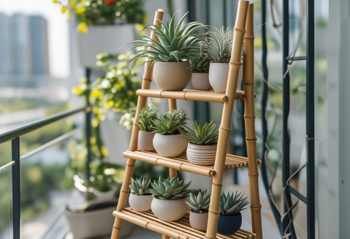 Bamboo ladder shelf on a balcony holding various potted succulents and air plants.