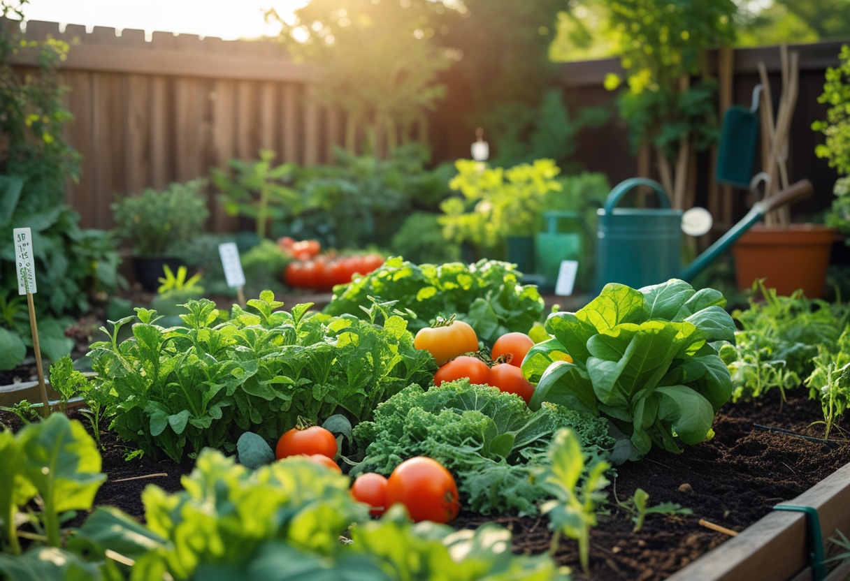 A backyard vegetable garden with healthy plants including tomatoes, lettuce, carrots, and peppers, surrounded by a wooden fence and garden tools.