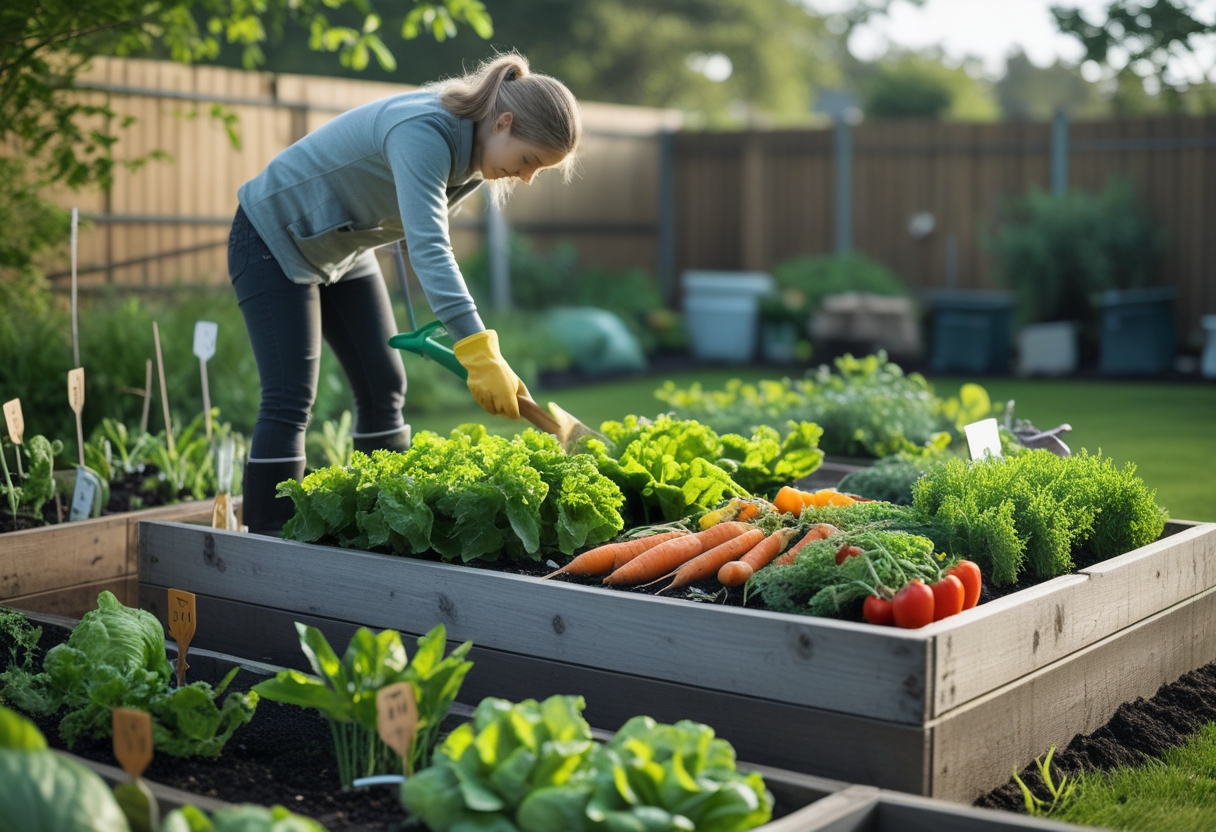 A person tending to a backyard vegetable garden with raised beds full of various vegetables and gardening tools.