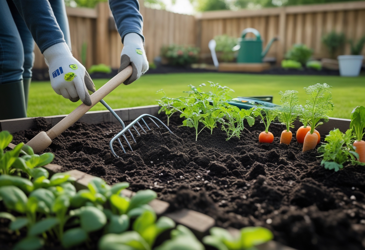 Hands preparing soil in a backyard vegetable garden with young seedlings and gardening tools nearby.