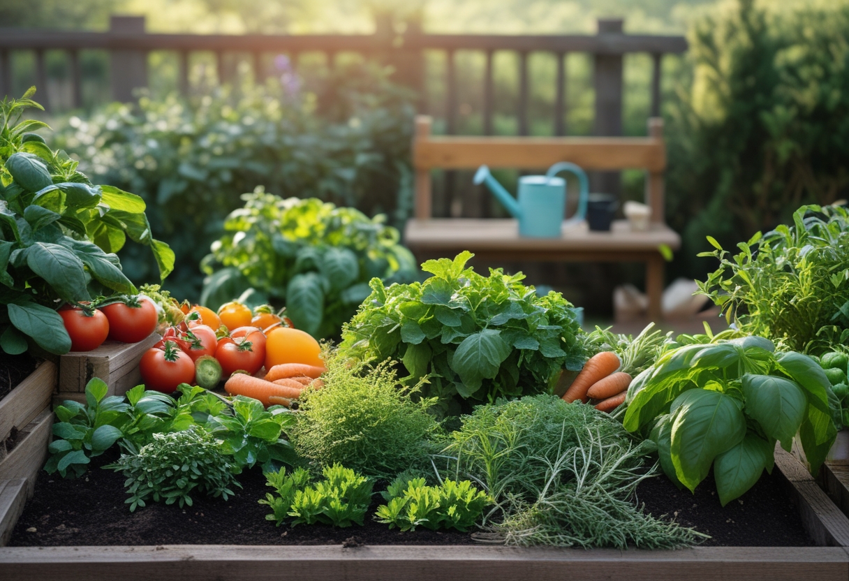 A backyard garden bed with a variety of vegetables and herbs growing, surrounded by gardening tools and greenery.