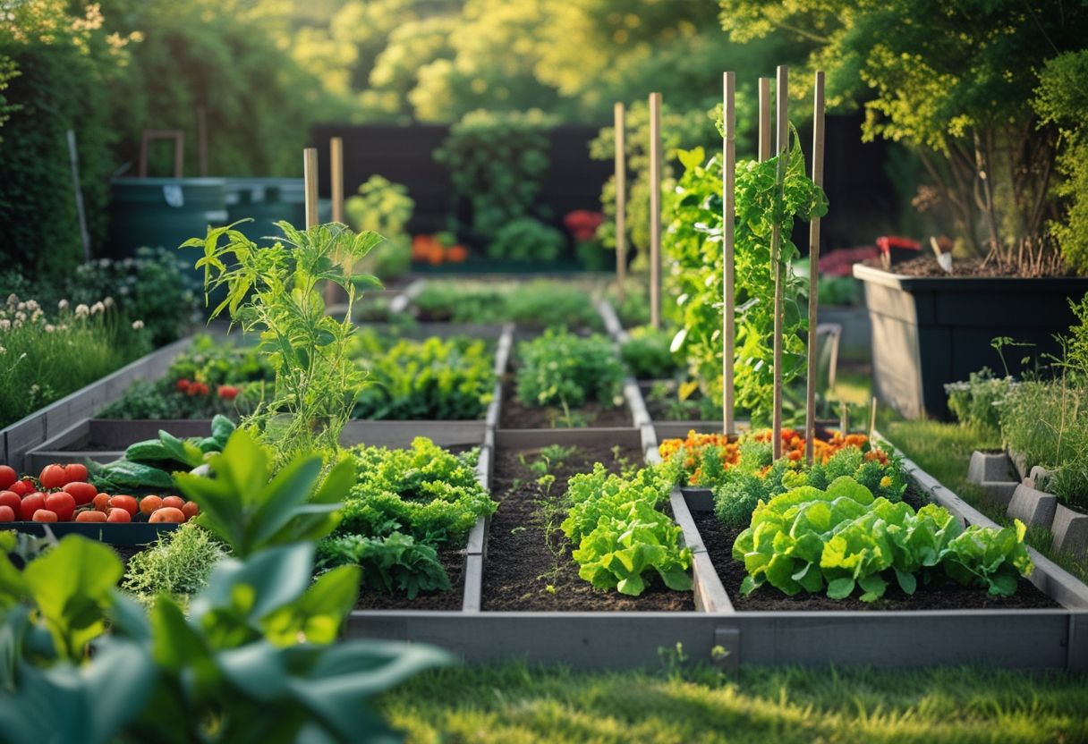 A backyard vegetable garden with raised beds, various fresh vegetables, trellises, and garden tools under natural sunlight.