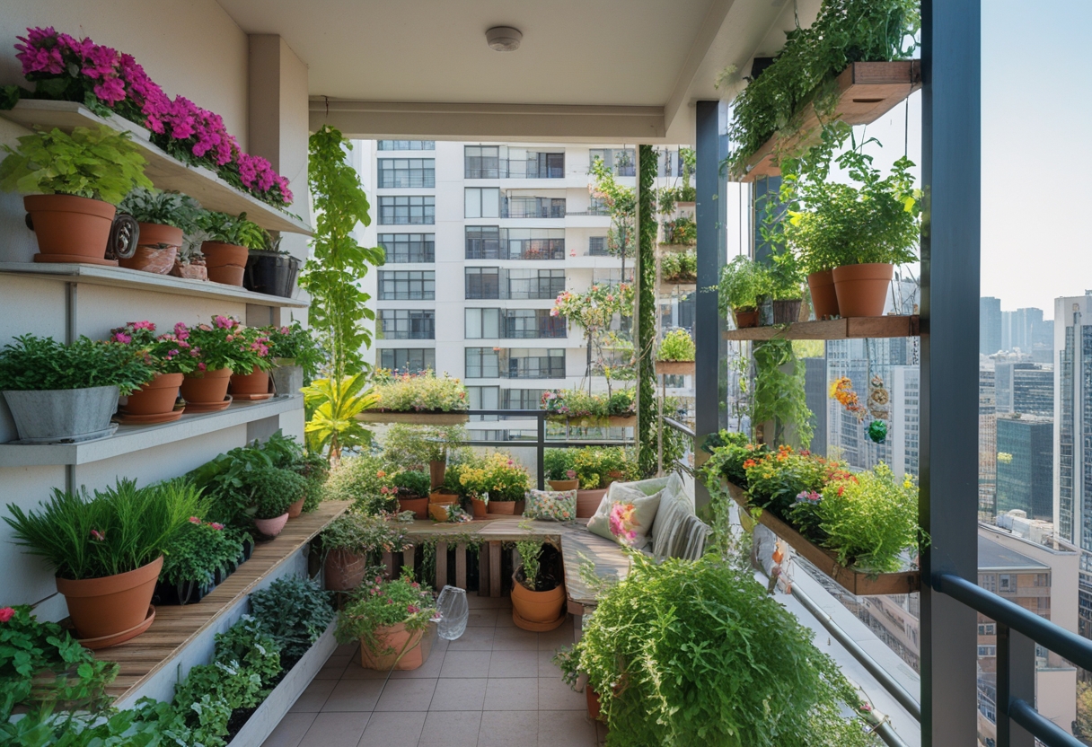 A balcony garden on an apartment with various plants, flowers, a wooden bench, hanging planters, and city buildings in the background.