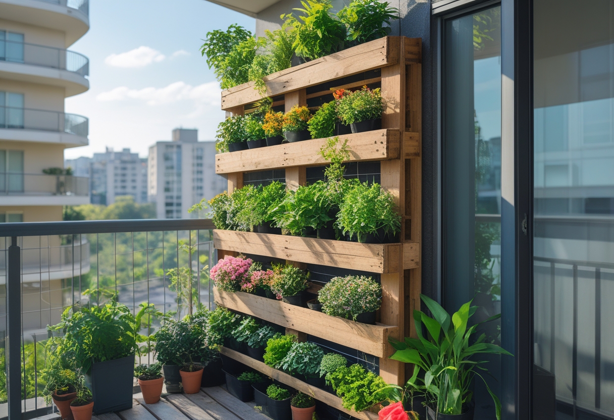 A balcony with a vertical wooden pallet planter filled with green plants and flowers, overlooking city buildings.