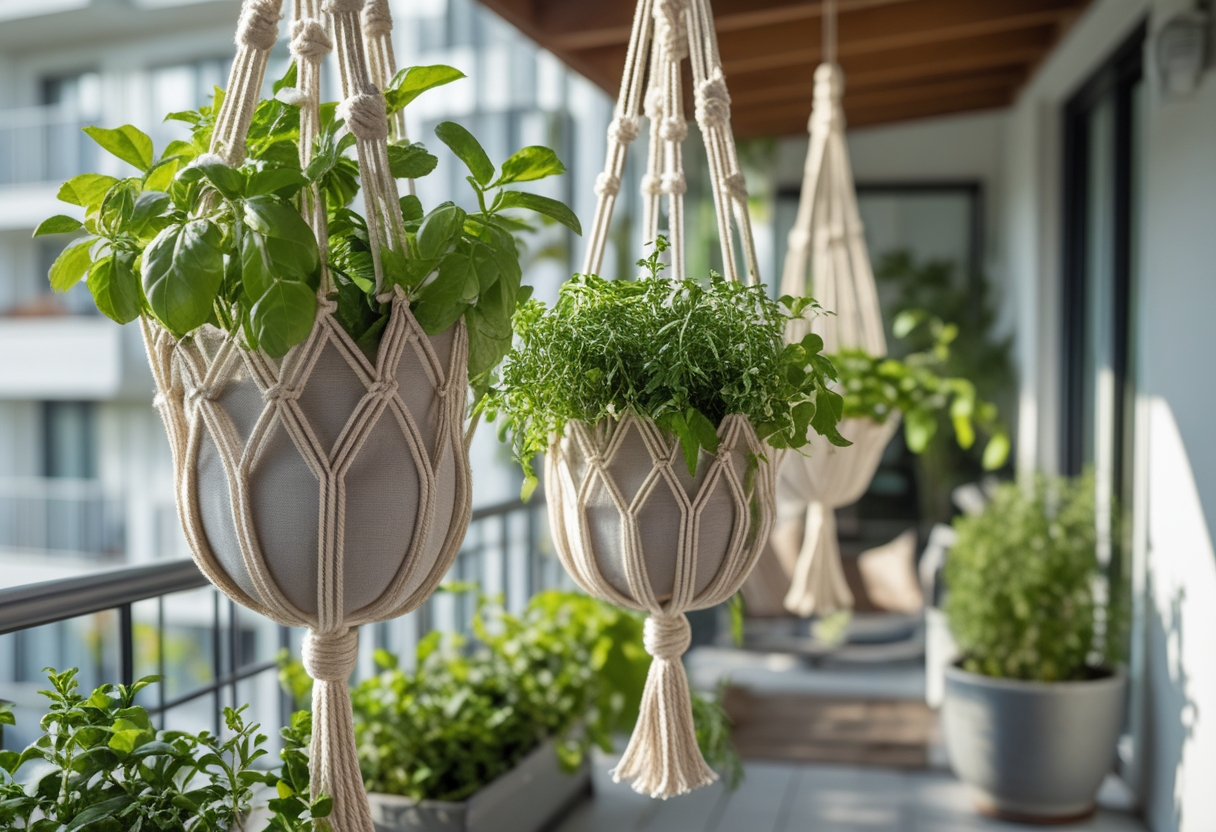 Balcony with hanging macramé baskets holding mint, basil, and thyme plants.