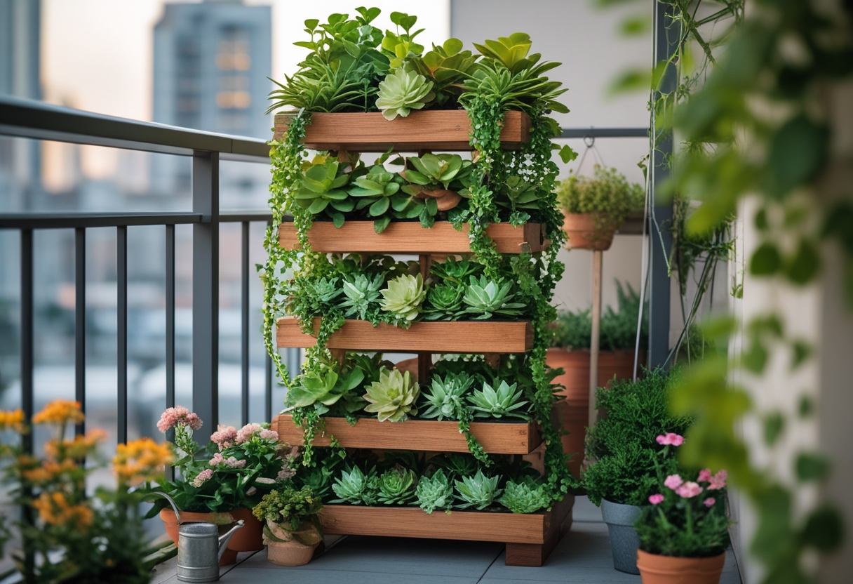 Tiered wooden plant stand with succulents and trailing ivy on an apartment balcony overlooking a city.