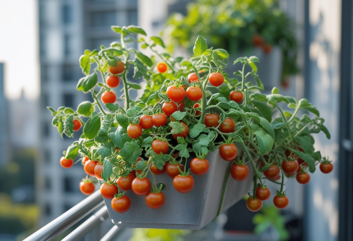 A balcony railing with a planter trough growing ripe cherry tomatoes in an urban apartment setting.