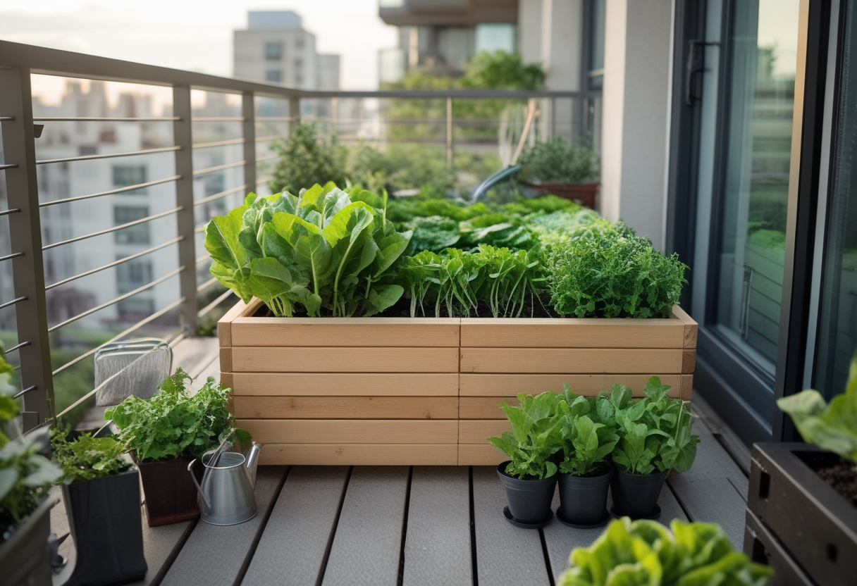A compact raised garden bed filled with fresh salad greens on an apartment balcony with city buildings in the background.