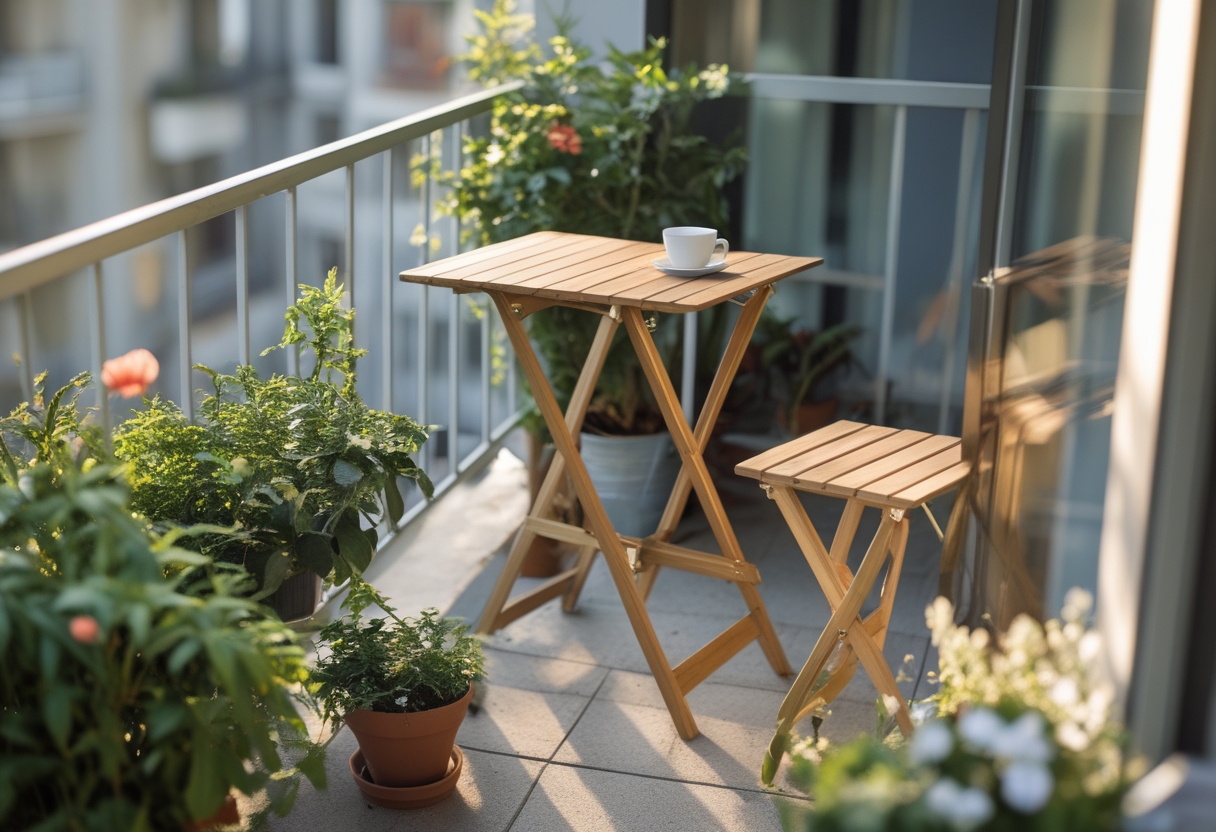 A small apartment balcony with a fold-down wooden bistro table and stool surrounded by green plants.
