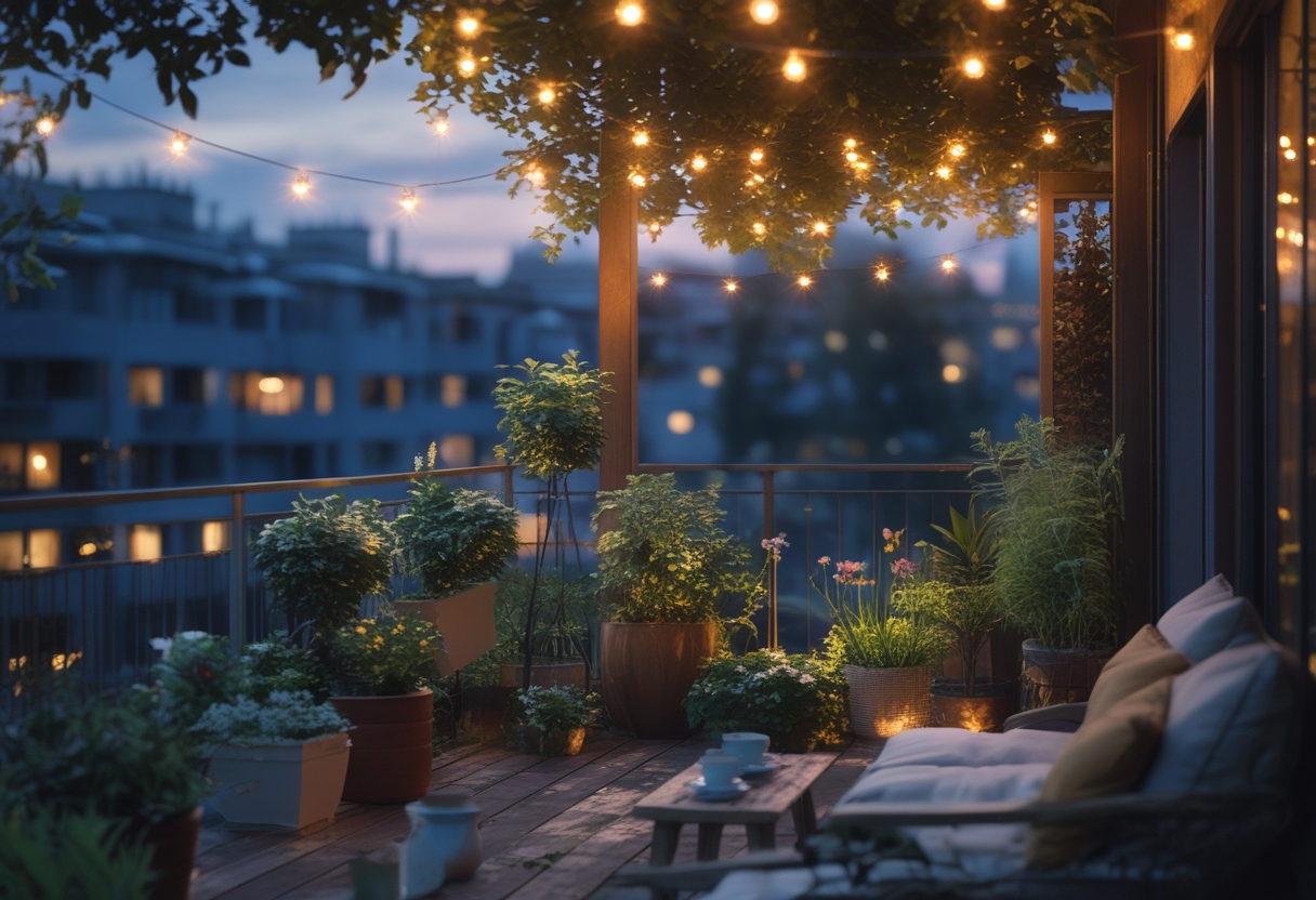 Apartment balcony garden at dusk with string solar fairy lights overhead and various plants arranged around comfortable outdoor seating.