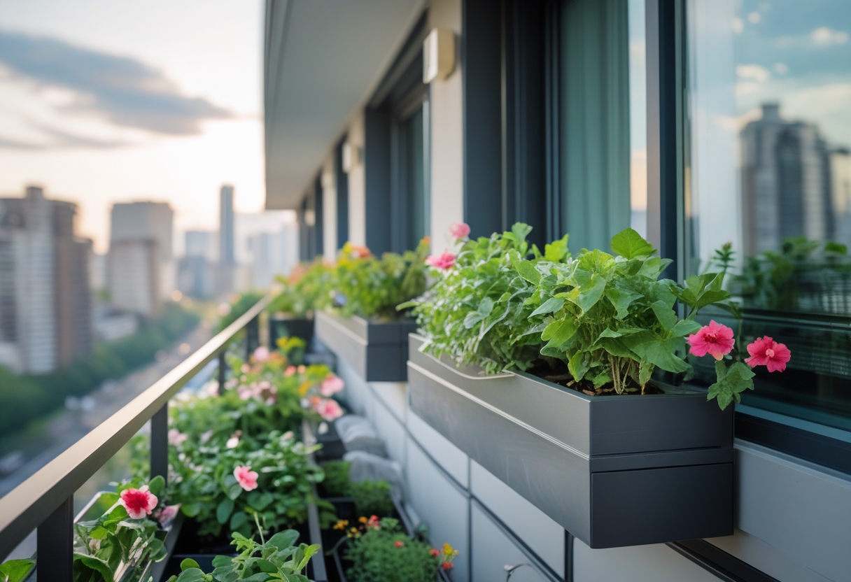 Apartment balcony with self-watering window boxes filled with green plants and flowers overlooking a city skyline.