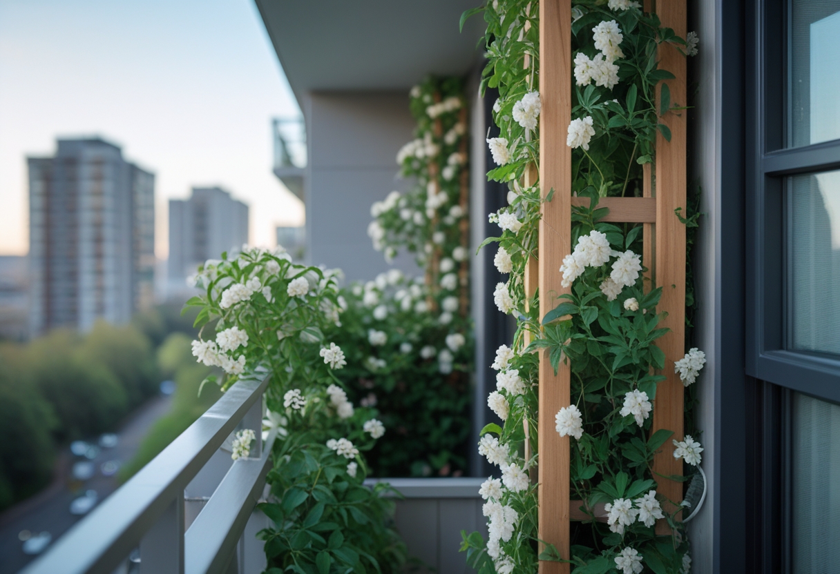 Balcony garden with a wooden trellis covered in climbing jasmine or clematis flowers on an apartment balcony.