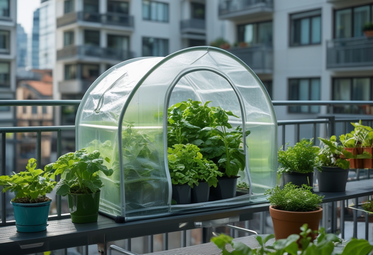 A small portable greenhouse on an apartment balcony filled with green plants and vegetables, surrounded by potted herbs and gardening tools.