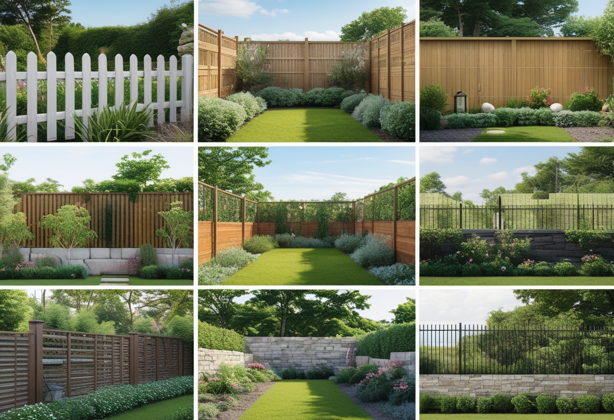 Nine different garden fences displayed outdoors including wooden, metal, stone, bamboo, and hedge styles with surrounding plants and garden elements.