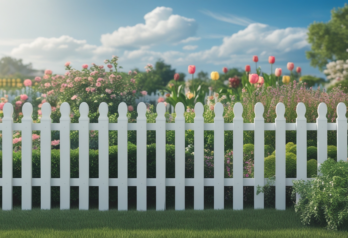 A white picket fence with a colorful garden of flowers and green grass behind it under a blue sky.