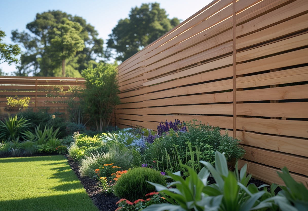 A garden with a horizontal cedar wood slat privacy fence and various plants and flowers in front.