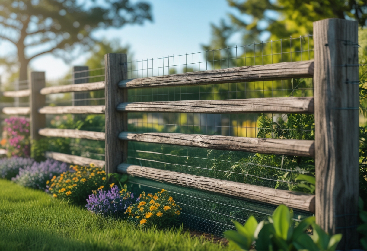 A wooden split-rail fence with wire mesh in a garden surrounded by grass and flowers under a clear sky.